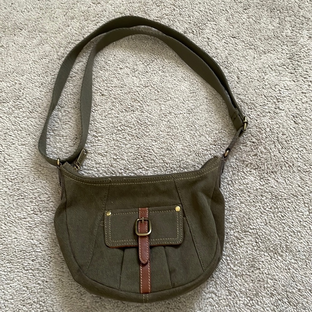 Fossil Olive Green Canvas Satchel with Brown Trim